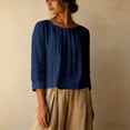 thumbnail image 5 of Womens Solid Pleated Crewneck 3/4 Sleeve Shirt Casual Spring Fall Y2K Vintage Comfy Basic Trendy Office Work Navy L, 5 of 5