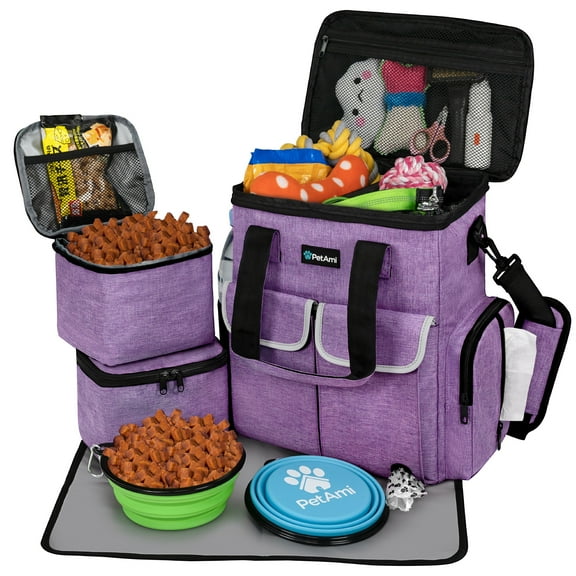 PetAmi Dog Travel Bag Pet Supplies Accessories Organizer For Traveling, Camping, Weekend; Cat Pet Travel Bag Kit includes 2 Food Storage Containers, 2 Collapsible Bowls, 1 Feeding Mat (Purple)