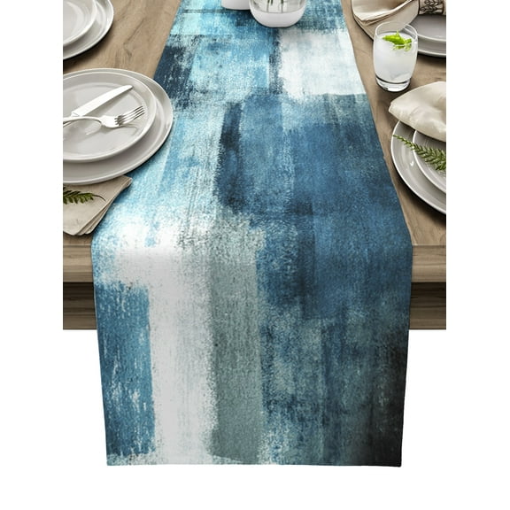 Table Runner Dresser Scarves 90 Inch Long, Abstract Paint Art Graffiti Blue Lattice Linen Dining Table Runners Modern Geometric Tabletop Scarf for Wedding Holiday Party Kitchen