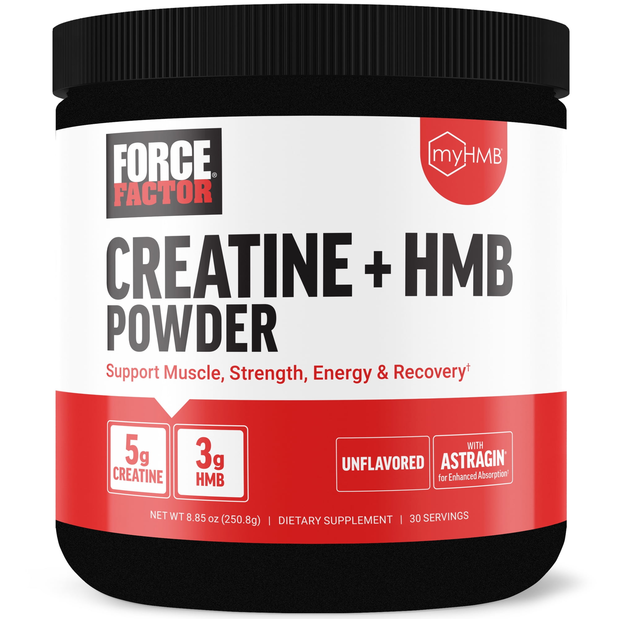 Force Factor Creatine HMB Powder, 5g Creatine + 3g myHMB for Muscle, Strength, Energy & Recovery, Enhanced Absorption, Unflavored, 30 Servings