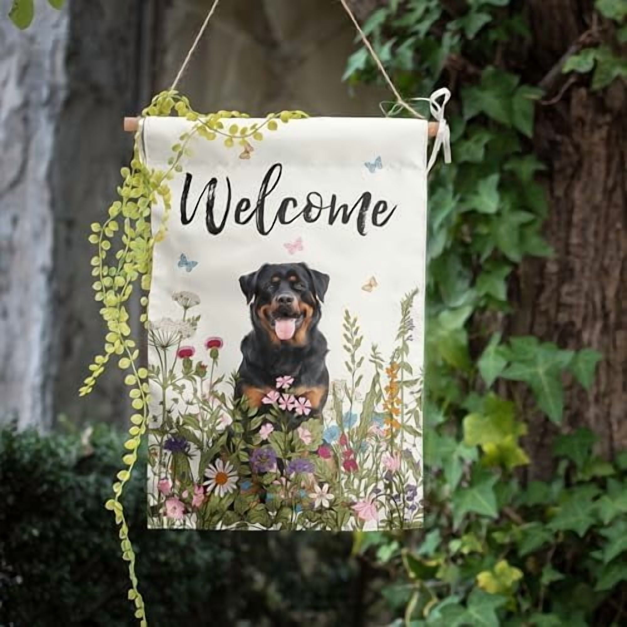 Spring Summer Garden Flag Floral Rottweiler Yard Flag Flower Dog Garden Flags for Outside Small Outdoor Welcome Flags 12x18 Double Sided