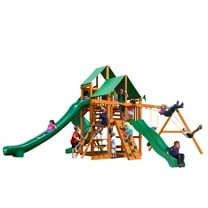 Gorilla Playsets Great Skye II Wooden Swing Set with 2 Green Vinyl Canopies, 3 Slides, and Built-in Picnic Table