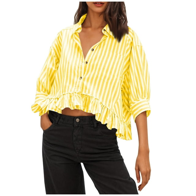 Lenpel Crop Tops for Women Trendy Collared 3/4 Lantern Sleeve Ruffle Hem Striped Button down Shirts Casual Loose Blouses
