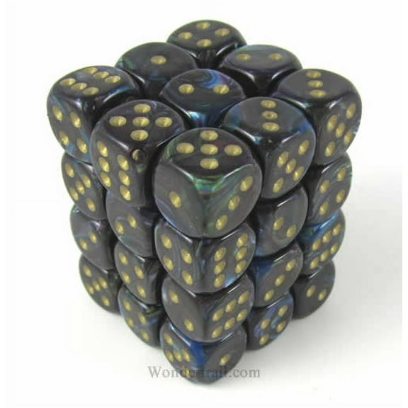 Shadow Lustrous Dice with Gold Pips D6 12mm (1/2in) Pack of 36 Chessex
