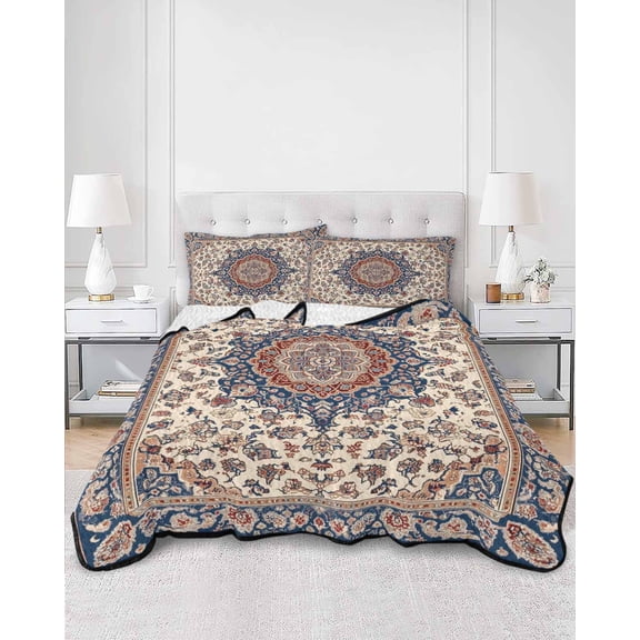 Quilts Twin XL Size, Blue Beige Boho Soft Comforter Bedding Set for Bed, Vintage Ethnic Geometric Abstract Lightweight Quilted Bedspread with Pillow Cover(2 Pieces) for All Season, 68x98 Inch