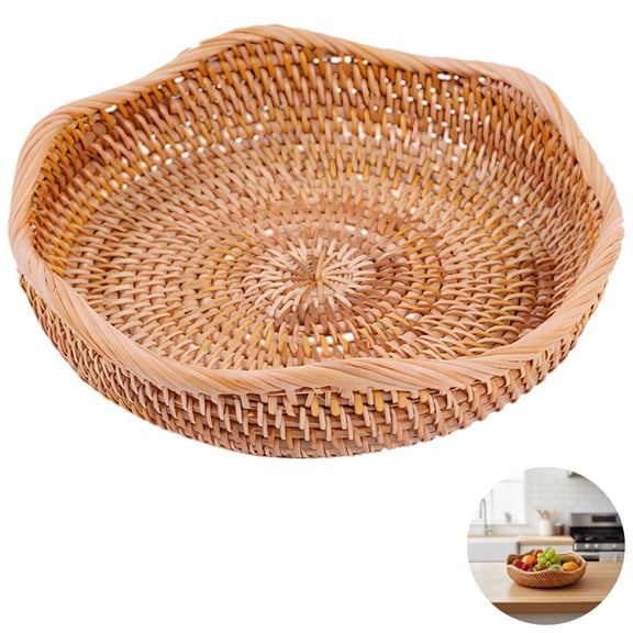 Hand‑Woven Rattan Storage Basket – Natural Vietnamese Autumn Rattan, Wavy Lotus Edge Design, 9.1" x 2.0", Wicker Fruit Basket for Bread, Snacks & Tabletop Decor