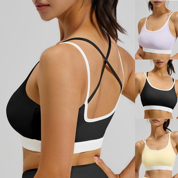 Hfnxid Womens Double Layered Sports Bra Trendy Scoop Neck Wireless Padded Workout Yoga Crop Tops Trendy Full Coverage T-Shirt Bras