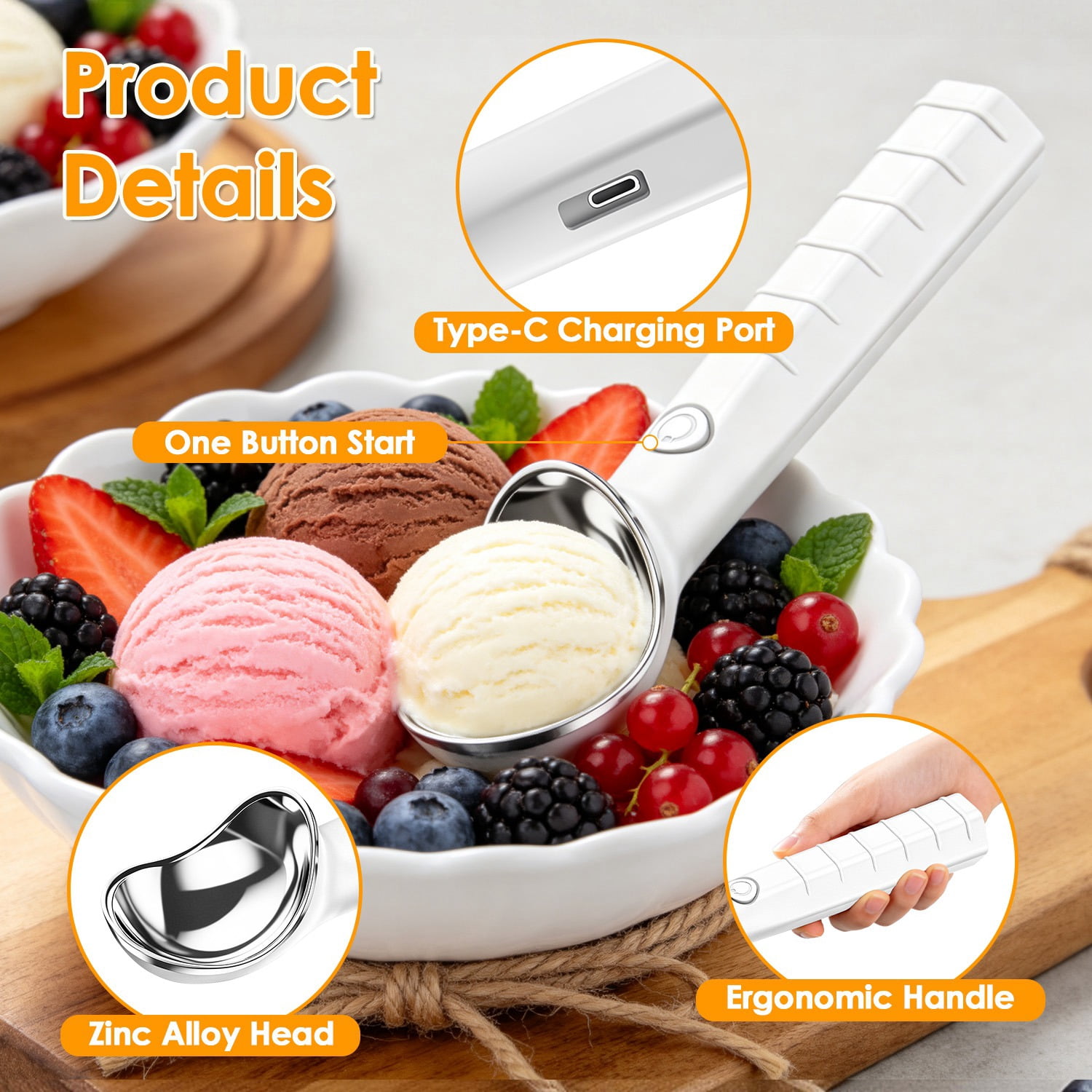 Rechargeable Heated Ice Cream Scoop 45s Fast Heating Up to 158°F, 2000mAh Cordless Self Heating Ice Cream Scooper with 5 Mins Auto Shutoff, Non-Stick Scoop for Gelato Frozen Yogurt Café Home Party