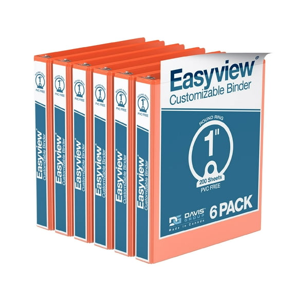 EasyView Premium 1-Inch Binders with Clear-View Covers, 3-Ring Binders for School, Office, or Home, Colored Binder Notebooks, Pack of 6, Round Ring, Orange
