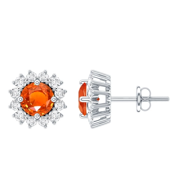 Rosec Jewels Classic Created Orange Sapphire Stud Earrings with Diamond Halo - AAAA Grade, 925 Sterling Silver