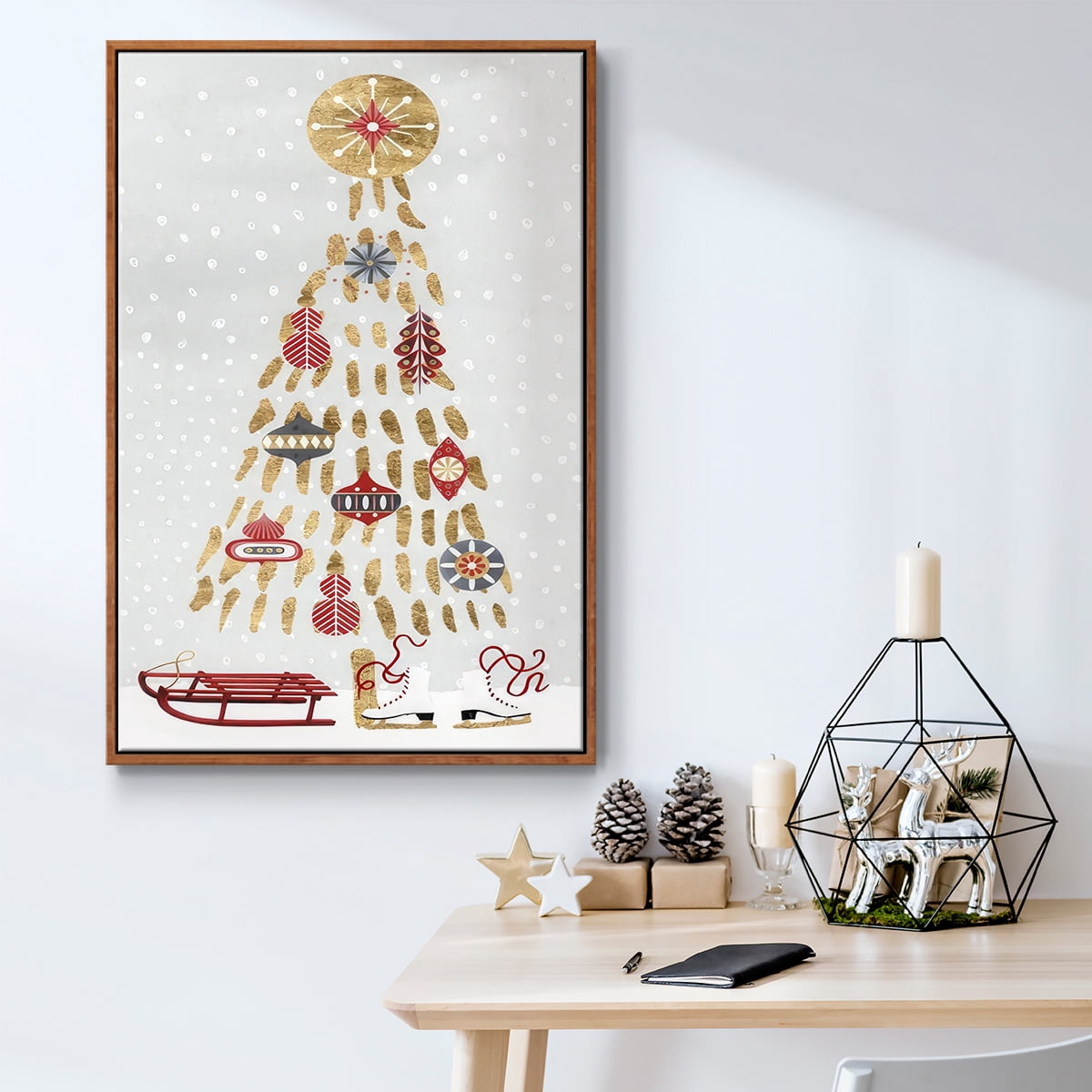 Christmas Chalet Collection B - Framed Gallery Wrapped Holiday Canvas - 25 x 37 - Rosewood Frame