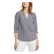 MICHAEL KORS Womens Blue Striped 3/4 Sleeve V Neck Top Size: XL