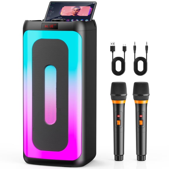 Restored Karaoke Machine, Portable Party Speaker with 2 Wireless Microphone, Home Singing System (Refurbished)