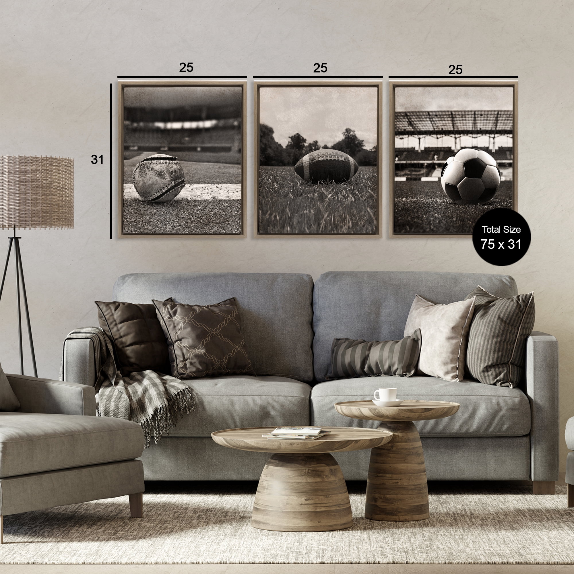 Stupell Industries Vintage Sports on Field 3 Piece Brown Framed Floater Canvas Set, design by Marcus Prime