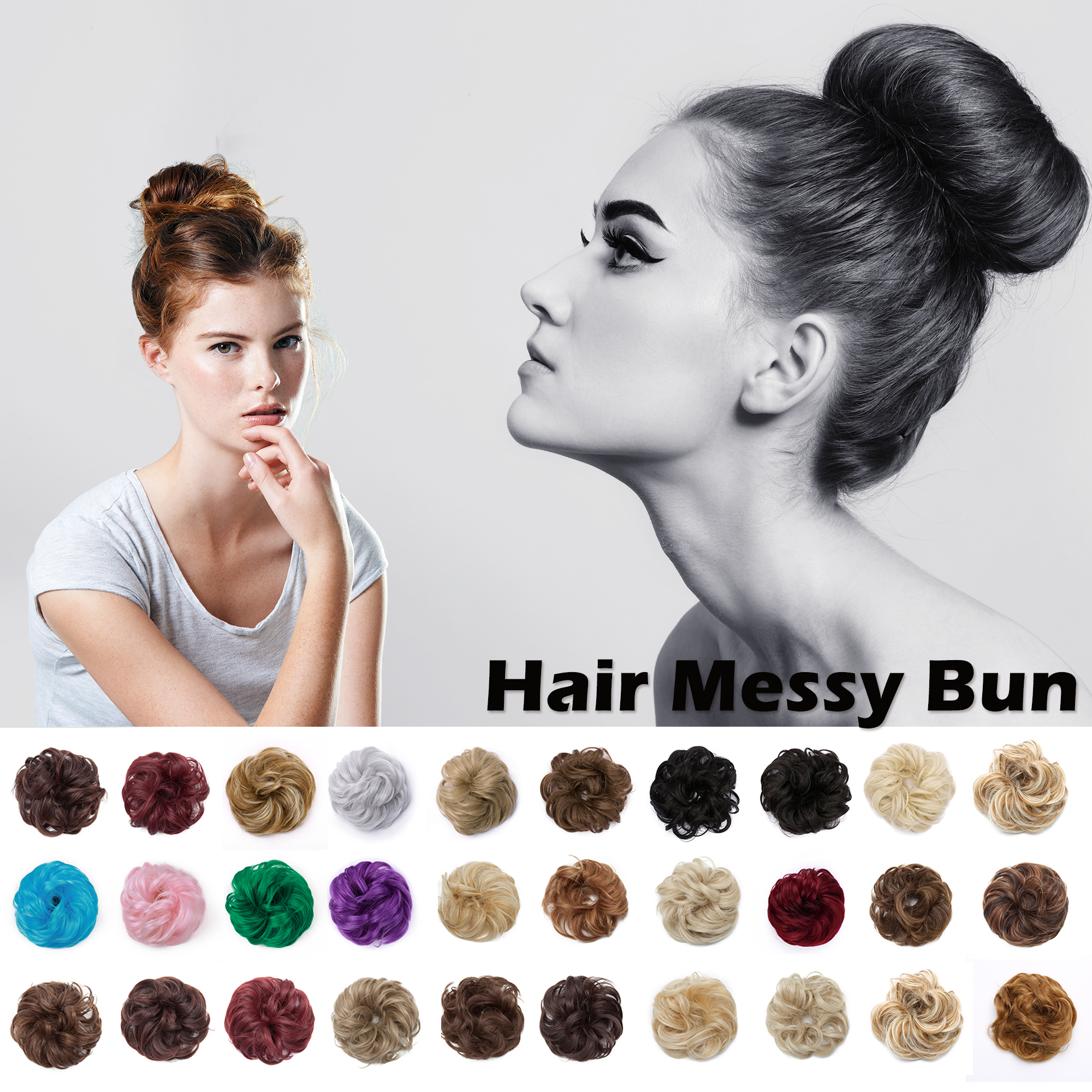 Large Curly Messy Bun Hairpiece – Scrunchie Style Synthetic Updo For Women – 7in, 45g – Black/Brown/Blonde Shades