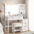 thumbnail image 3 of Tcbosik Modern Vanity Desk with Lighted Mirror and Charging Station, Makeup Table with Cushioned Stool, Dressing Table with Open Shelves and 5 Storage Drawers, White, 3 of 7