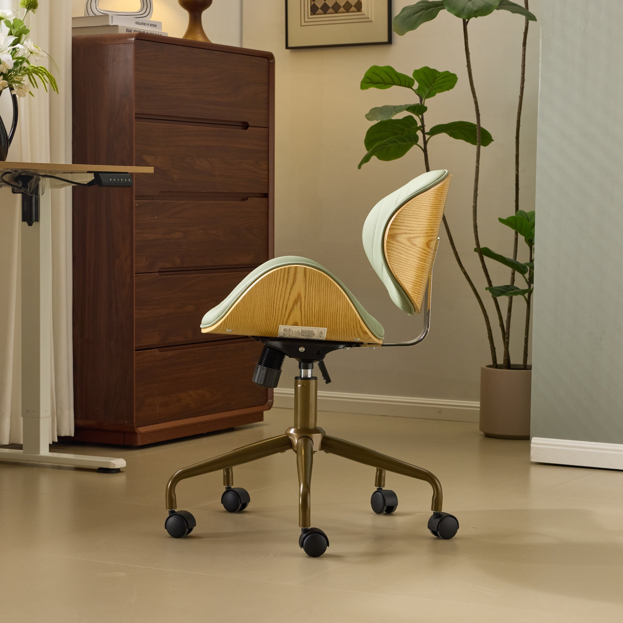 Ktaxon Armless Office Chair, Curved Wood Accent Desk Chair with Swivel Seat, PU Task Chair for Study, Makeup Vanity Green