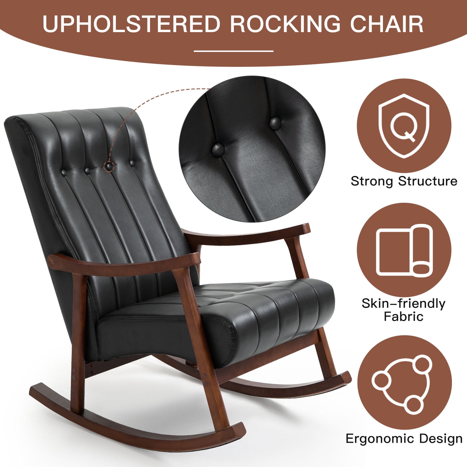 AVAWING Upholstered Rocking Chair, Modern High Back Armchair, Adult Single Sofa, Old Man Chair, Black
