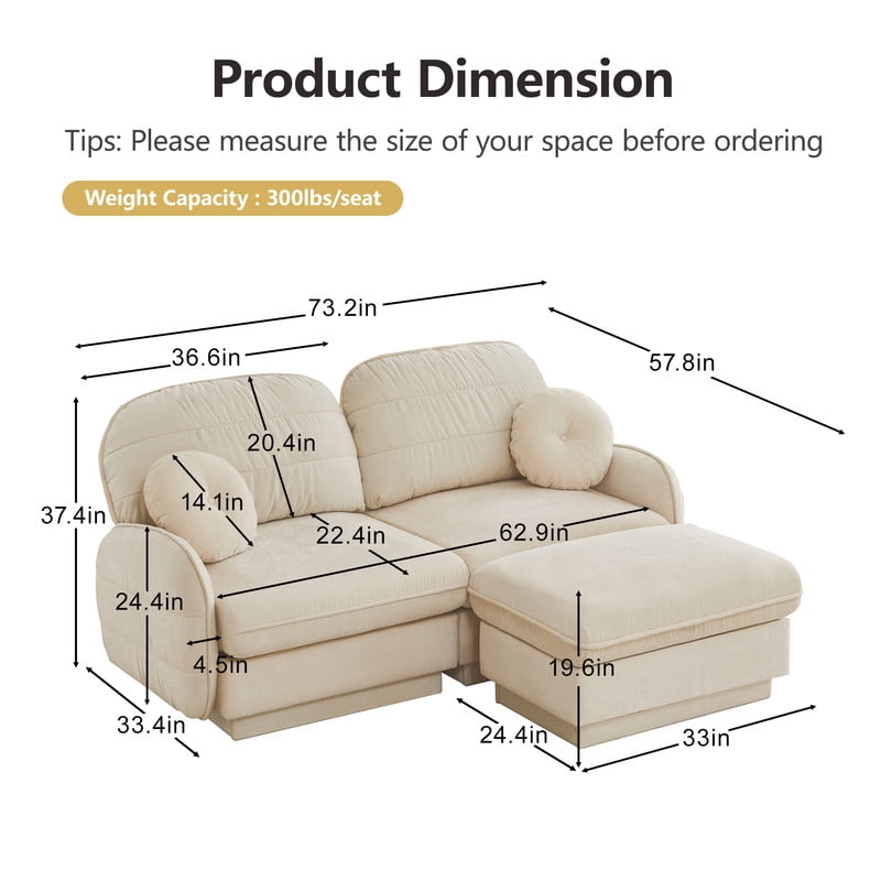 Chenille Modular Sofa with Ottoman, 2-Seater Deep Seat Cloud Couch, Convertible Sectional Sofa with Quilted Cushions & Round Pillows, Modern Sofa for Living Room, Apartment,Beige