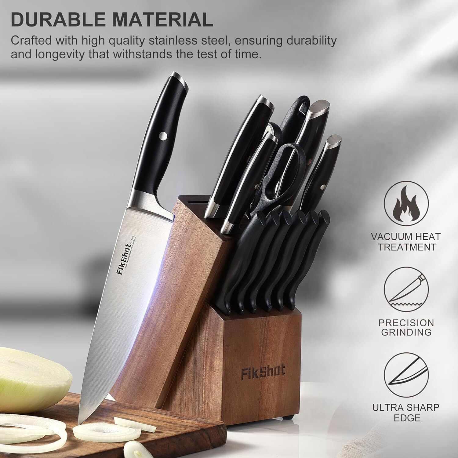 FIKSHOT 14-Piece Kitchen Knife Set with Built-in Sharpener, Professional White Stainless Steel Chef Knives, Dishwasher Safe