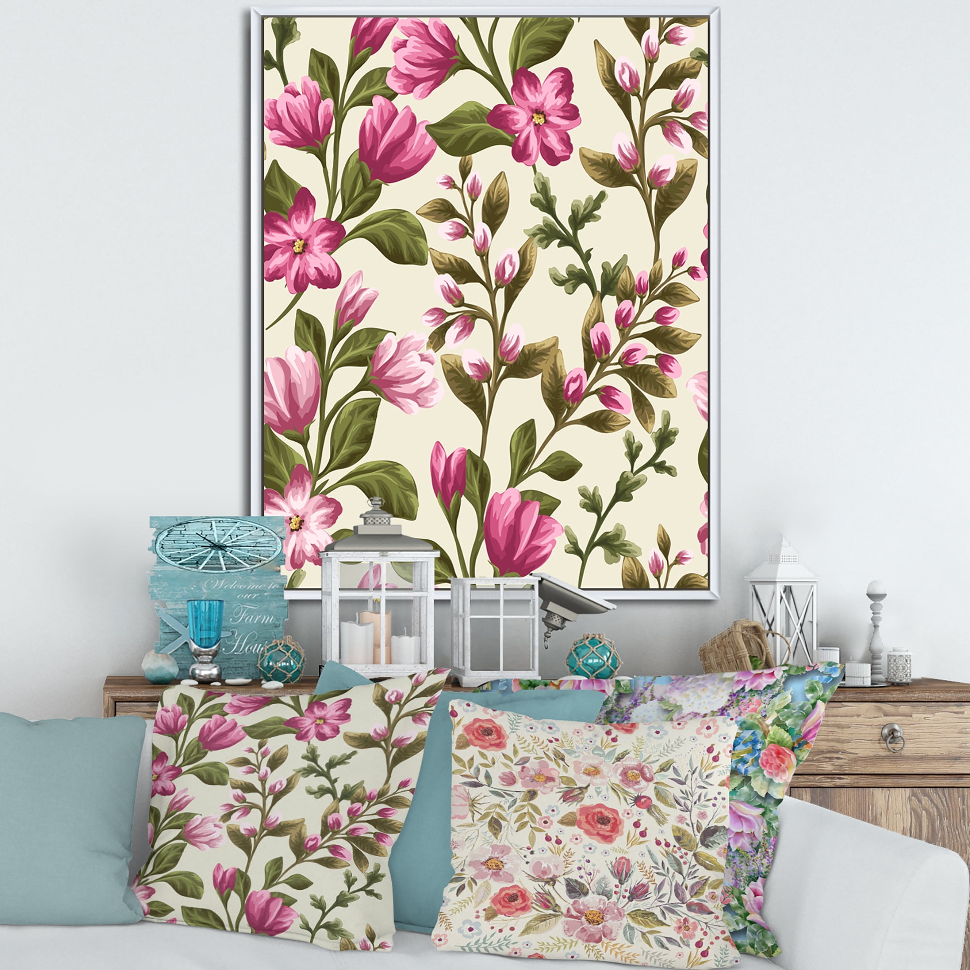 Pink Vintage Wildflowers 30 in x 40 in Framed Painting Canvas Art Print, by Designart