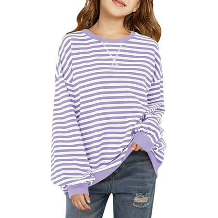

ATOGUTA Kids Long Sleeve Shirt Basic Crewneck Striped Tunic Blouses Tops Purple Size 6-14
