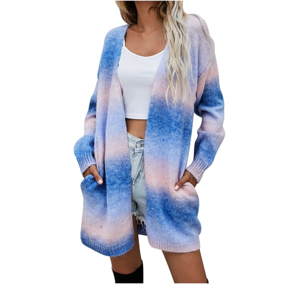 XPMWRP Women's Cardigan Gradient Color Jackets Causal Long Sleeve Open Front Knitted Loose Coats Fall Winter Trendy Coats Blue S