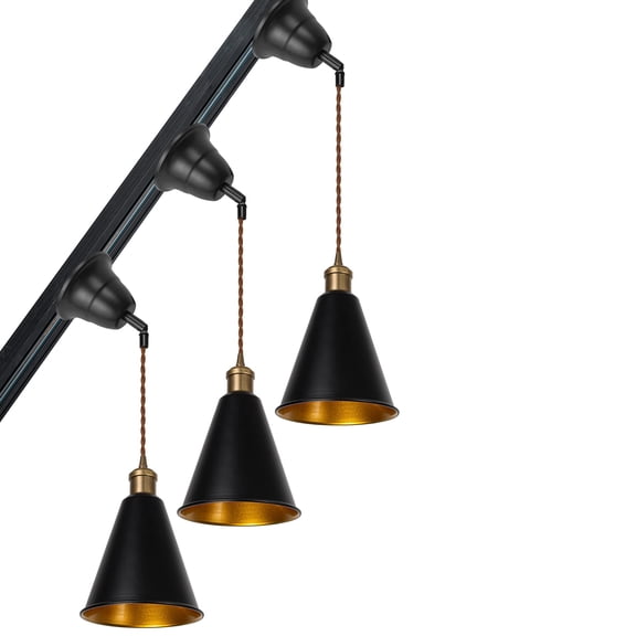 KAYYELAMP 3-Pack Vintage Design Copper E26 Base J-Type Slope Position Roof Track Pendant Light Adjusted Cord Inner Gold Black Metal Shade Track Lamp for Loft Home Office(No Bulb, Track)