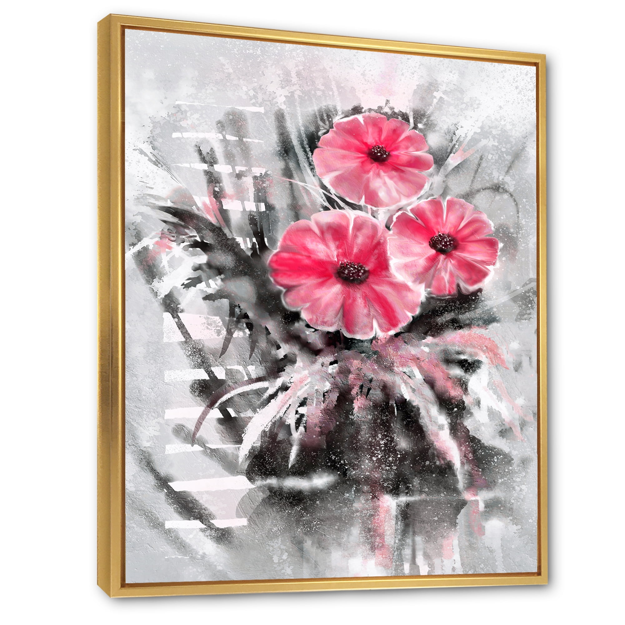 Designart 'Abstract Red Flowers On Gray Background' Traditional Framed Canvas Wall Art Print
