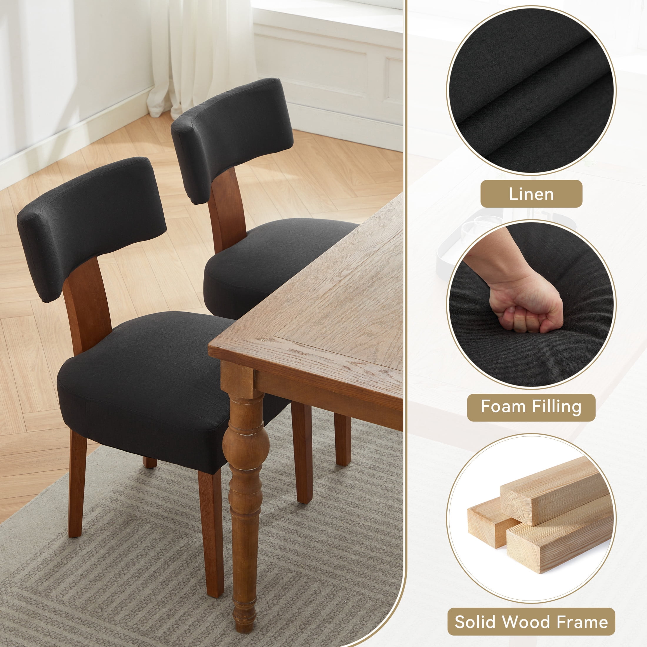 Noble House Veltria Modern Linen Upholstered Dining Chairs with Curved Back, Rubber Wood Legs, Black, Set of 2