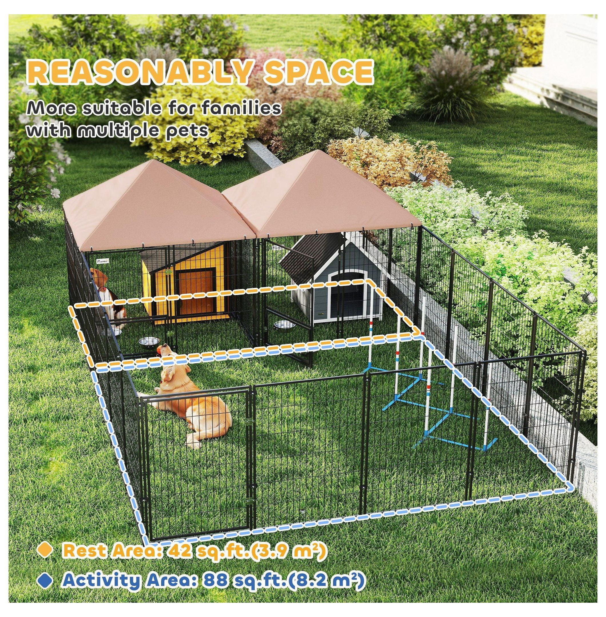 Outdoor Dog Kennel with 2 Rooms, Rotating Bowls 13.5'x9.4'x5.1' - Large Dog Run, Pet Playpen with UV Protection & Secure Latch