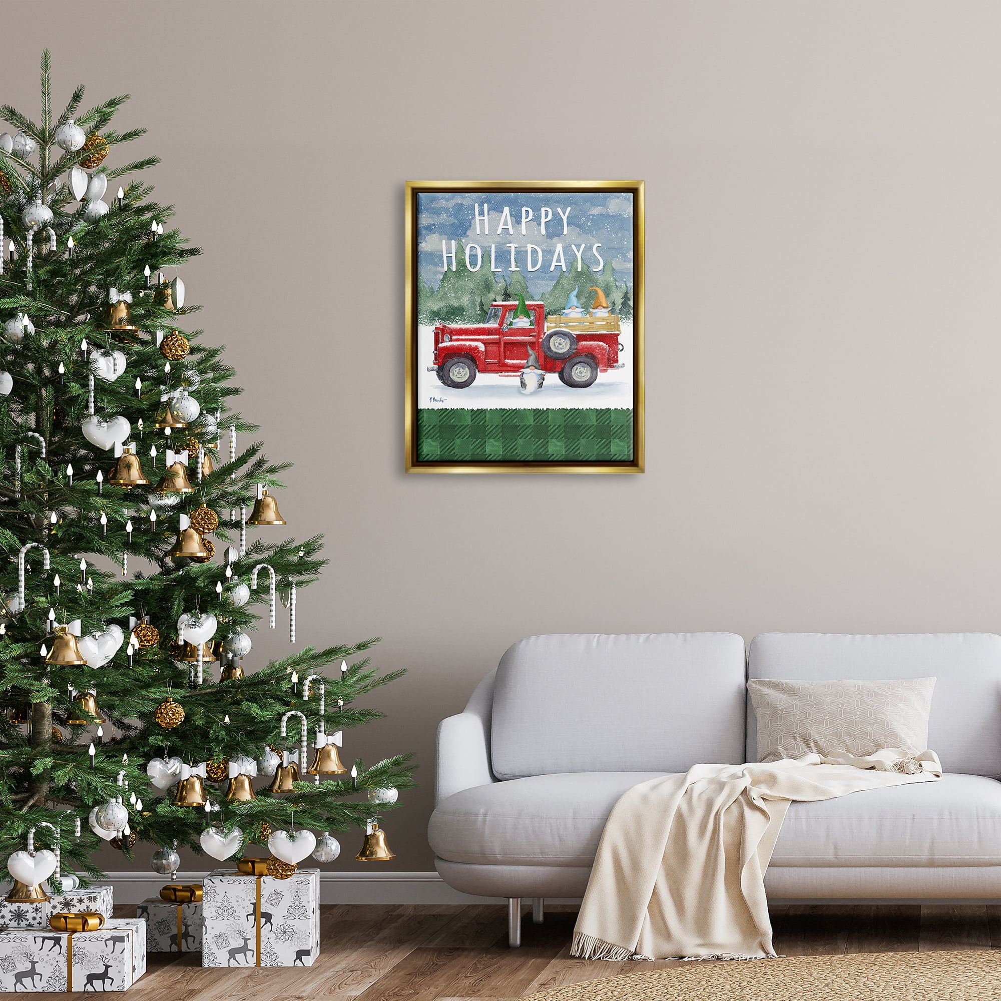 Stupell Industries Happy Holidays Truck Holiday Painting Gold Floater Framed Art Print Wall Art, 25 x 31