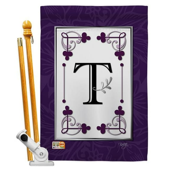 Breeze Decor BD-SB-HS-130020-IP-BO-D-US09-BD 28 x 40 in. Vertical Classic T Initial Interests Simply Beauty Impressions Decorative Double Sided House Flag Set with Pole & Bracket Hardware