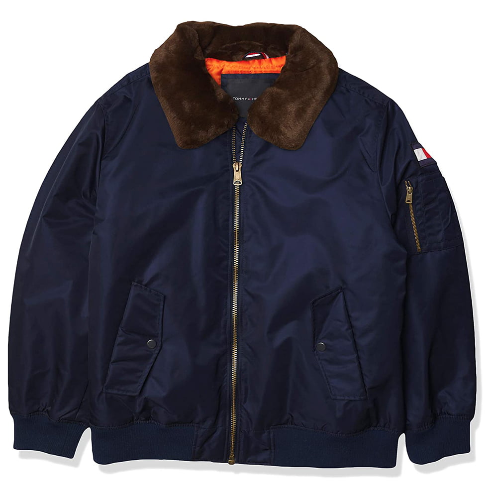 Tommy Hilfiger Mens Bomber Jacket Zip Up Faux Fur Collar 159AN971 Navy ...
