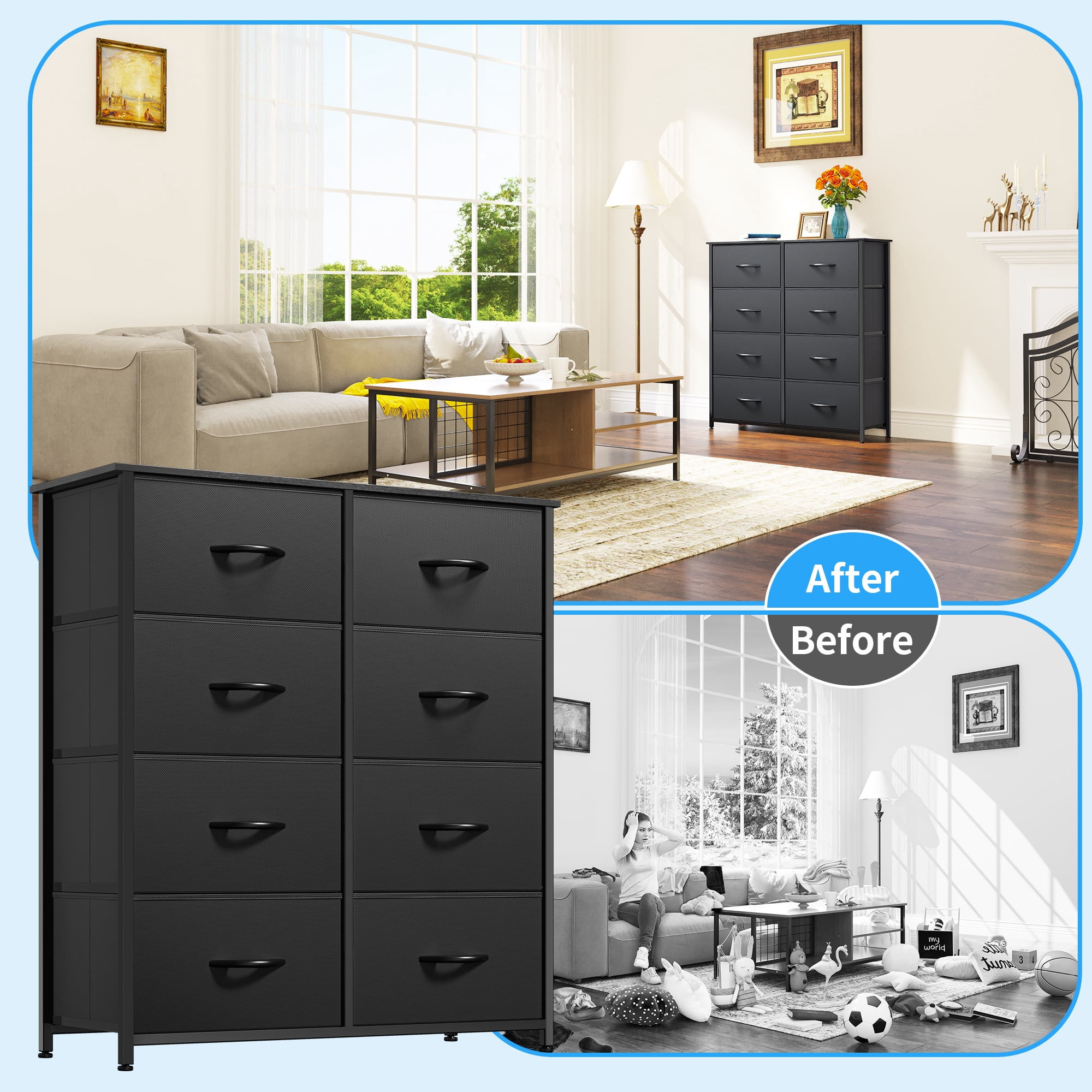 Uforic 8 Drawer Dresser, Chest of Drawers Fabric Storage Dressers for Living Room Black