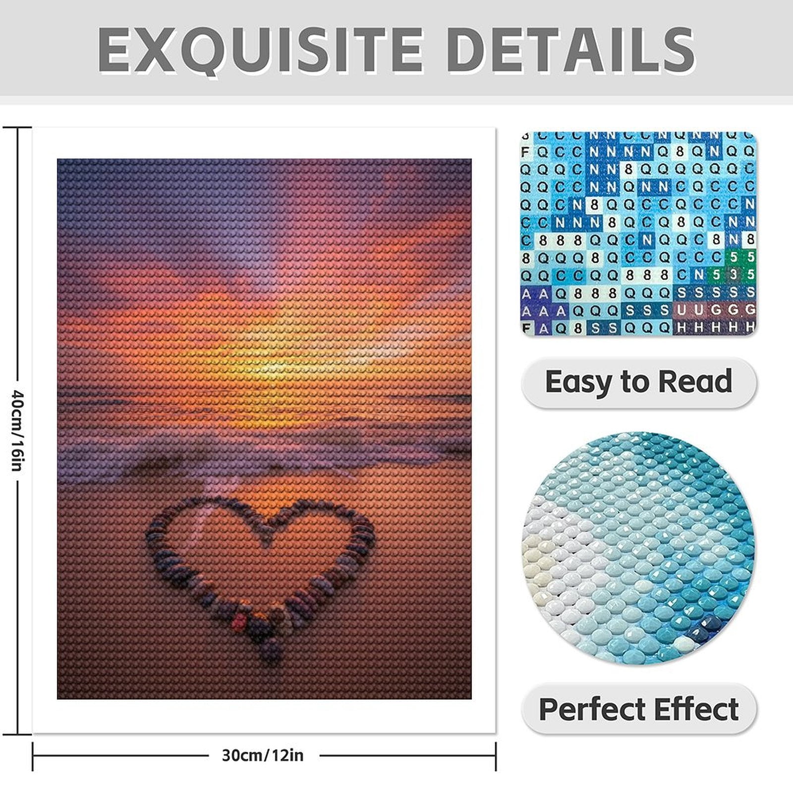 Diamond Art Kit for Adults, Sunset Beach Heart Stones Scene Diamond Painting for Adults Beginners, DIY Diamond Art Painting Kits, 5D Diamond Painting Crafts for Home Decor 12x16 Frameless