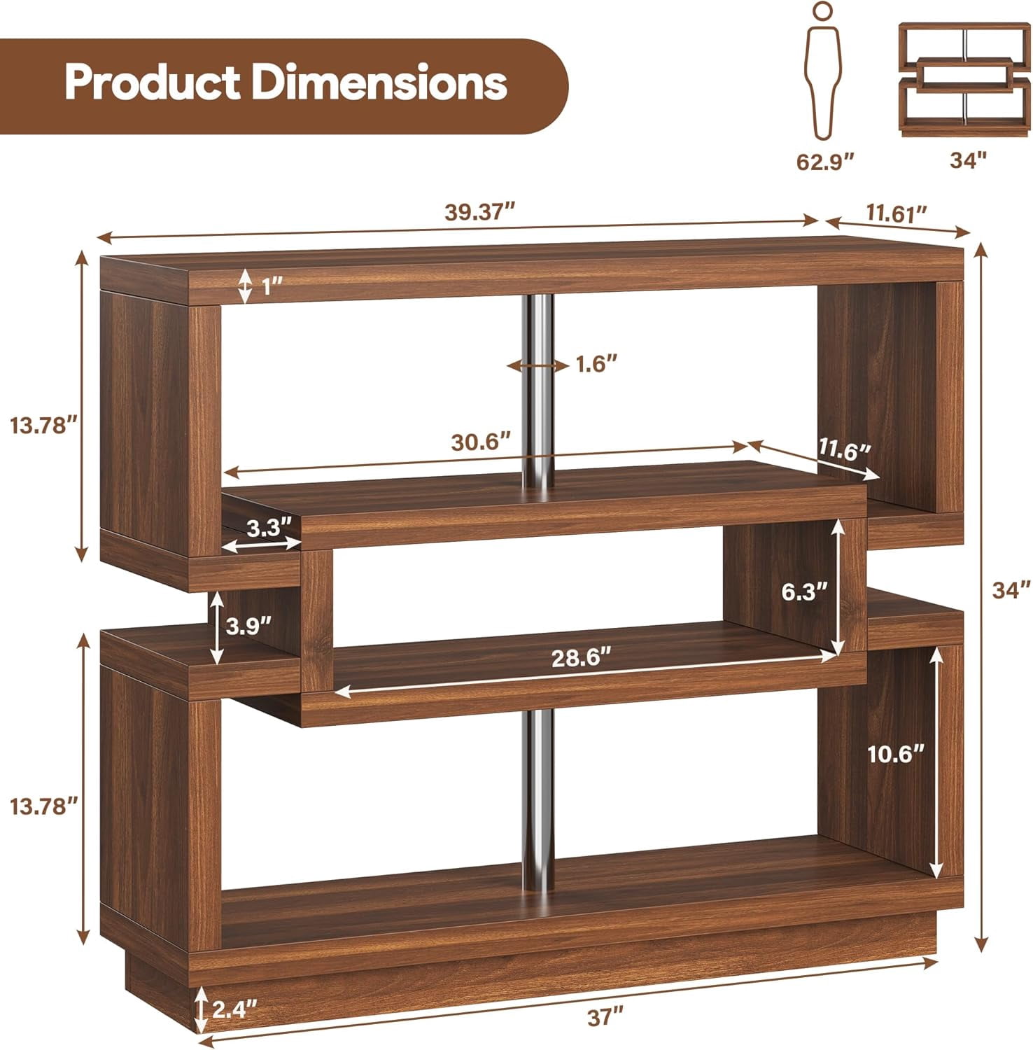 40-Inch Brown Farmhouse Console Table with 4-Tier Storage, Narrow Entryway Table for Behind Couch or Hallway