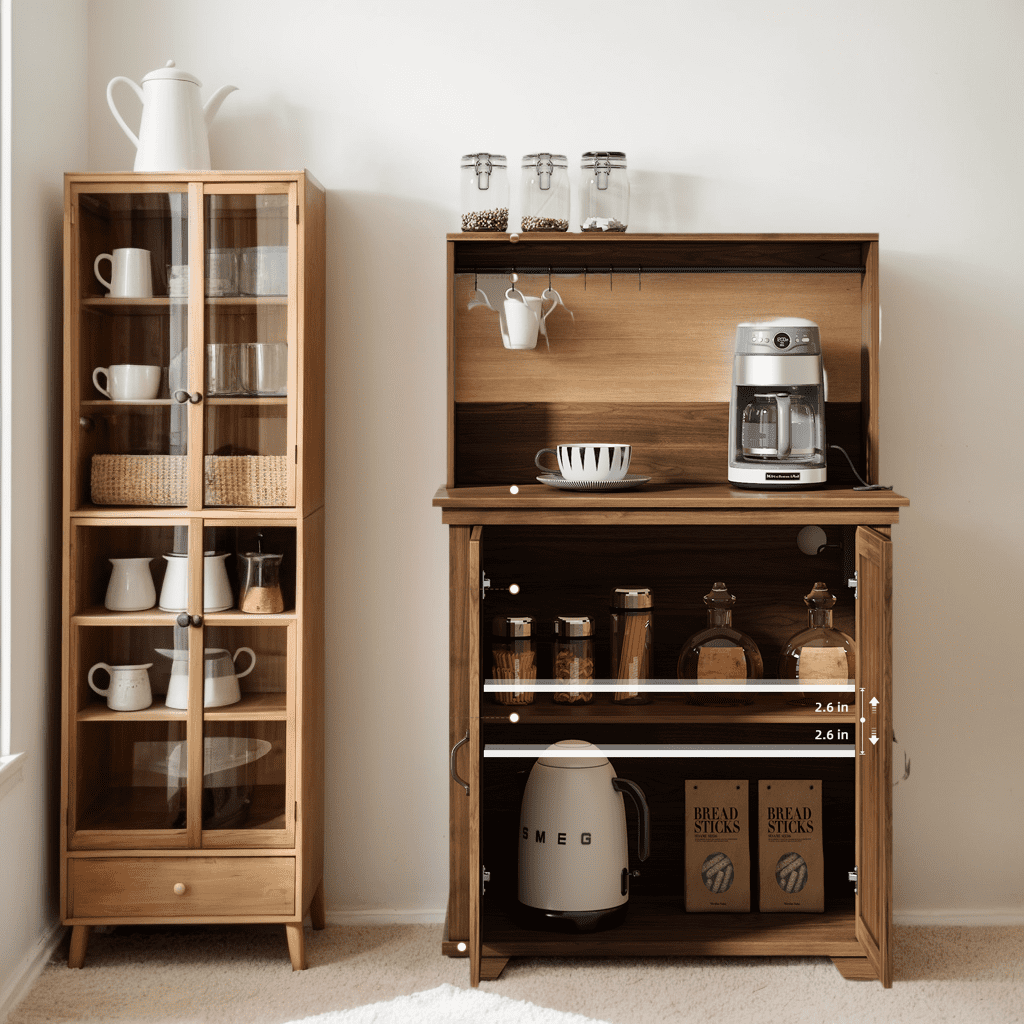 JOINICE Farmhouse Coffee Bar Cabinet with Storage and Power Outlet,Small Coffee Station with Adjustable Shelf,for Dining Room,Kitchen, Living Room,Walnut