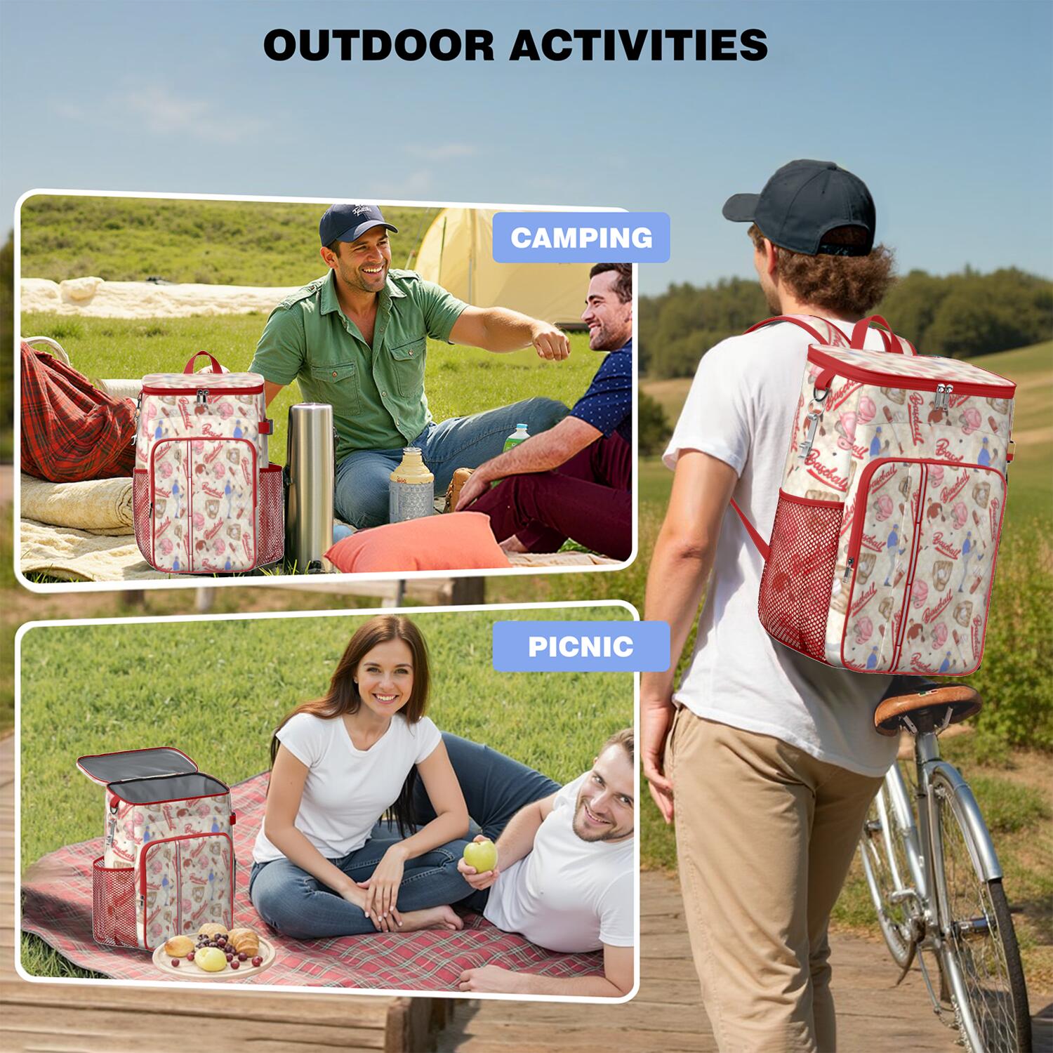 Travel Cooler Bag - Beige Baseball Elements Pattern Camping Beer Cooler Backpack with Bottle Opener- Waterproof Insulated Picnic Backpacks - Cooler Bag for Beach