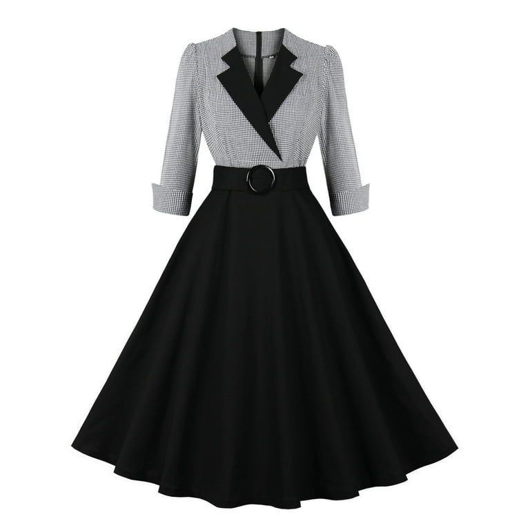 knee length dresses for ladies Retro Audrey Hepburn 1950 Vintage Satin Midi Cocktail Black Dress main image 0