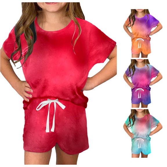 HCYSFG Girls Ombre Print Outfit Sets 2 Piece Short Sleeve Crewneck Clothing Sets T Shirt And Shorts Elastic Waist Matching Sets