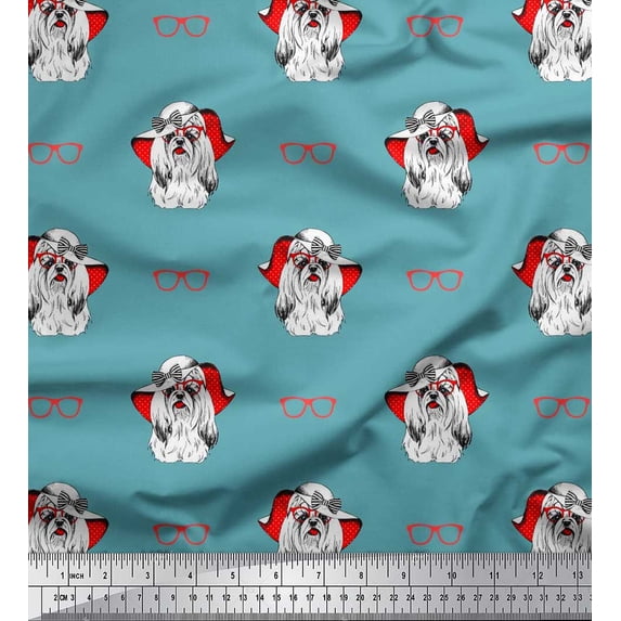 Soimoi Poly Georgette Fabric Hat,Specs & Lhasa Apso Dog Print Sewing Fabric Yard 52 Inch Wide