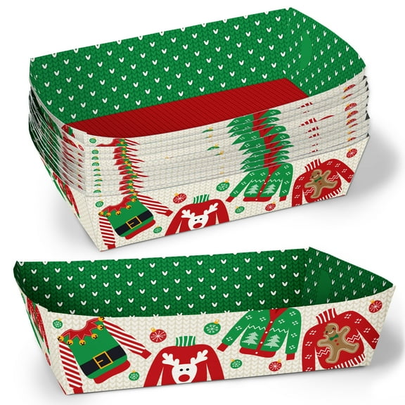 Big Dot of Happiness Ugly Sweater Party Paper Food Trays, Christmas Double-Sided Disposable Food Trays for Nachos, Hot Dogs, French Fries - 12 Ct