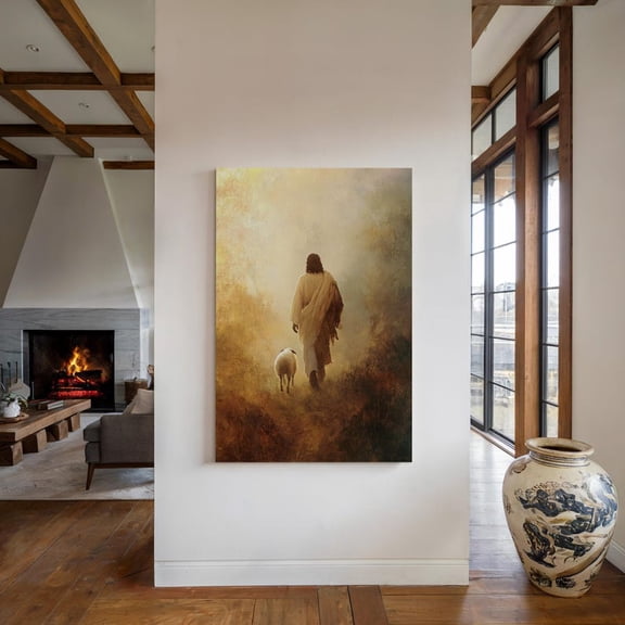 Velto Jesus Walking With Lamb Canvas Wall Art Peaceful Christian Décor Canvas, SIZE 8x10 INCLUDE Pine Wood Frame 1.25-Inch