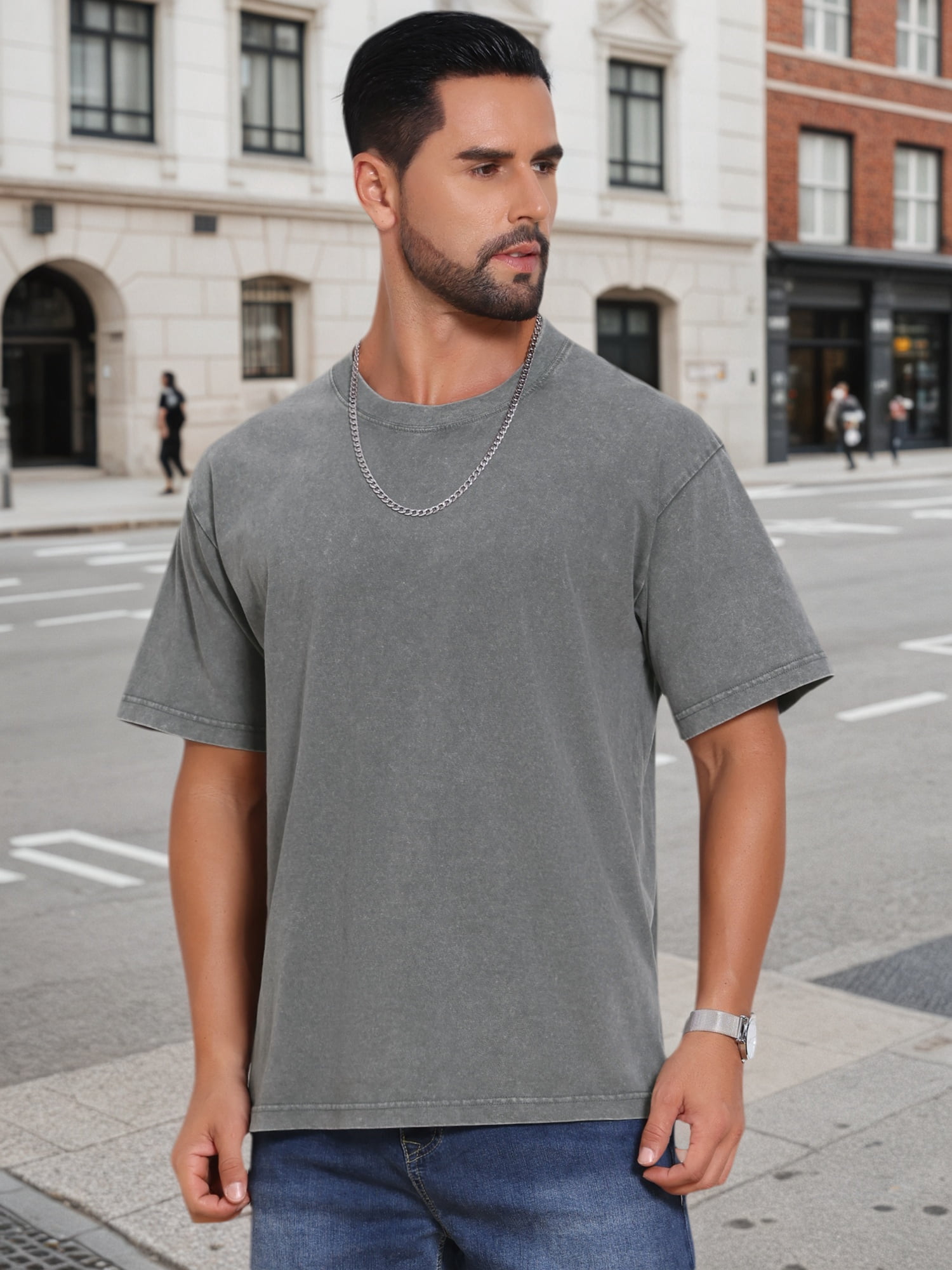 DARING DIVA Men's Retro Distressed Crew Neck Short Sleeve Solid T-Shirt XL Gray