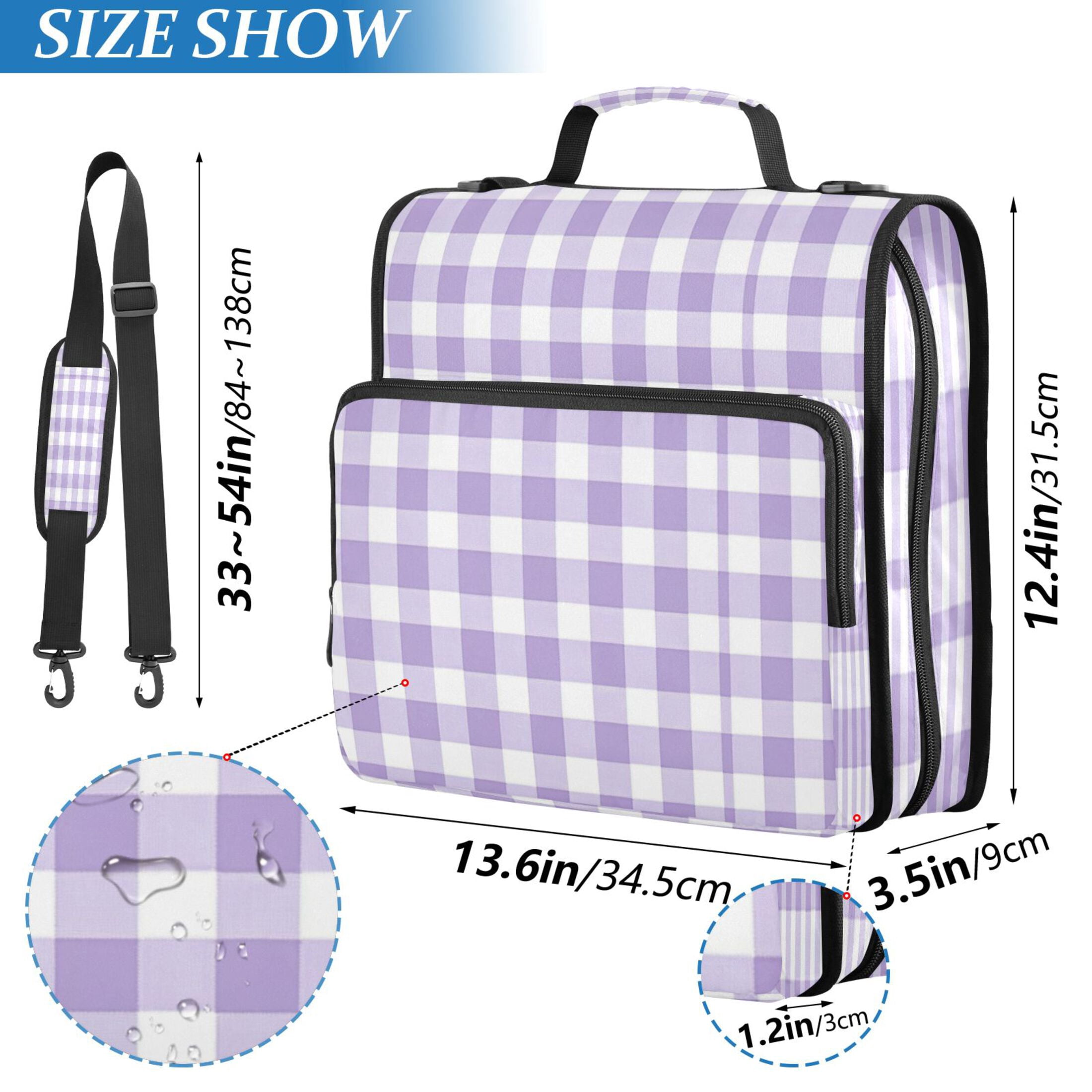 Water-Resistant 3-Ring Binder Organizer with Multiple Pockets Zipper Binder Bag for Office Purple and White Plaid