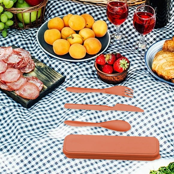 Juego de cubiertos de paja de trigo | Utensilios portátiles de viaje Cuchillo, tenedor, cuchara | Cubertería de plástico reutilizable y ligera, duradera | Empuñadura ergonómica | Incluye Maletín de
