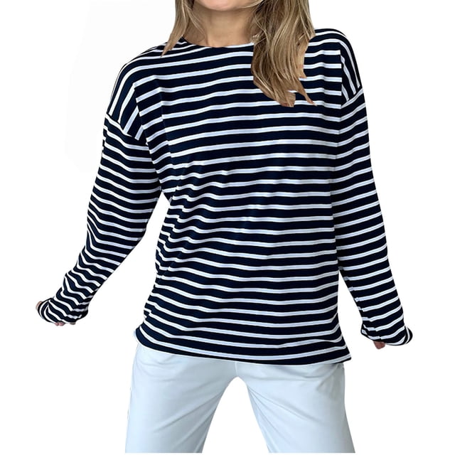 Besolor T-Shirts à Rayures à Manches Longues pour Femmes, Basiques et Décontractés, Col Ras du Cou, T-Shirts pour Femmes, Tuniques Légères d'Automne