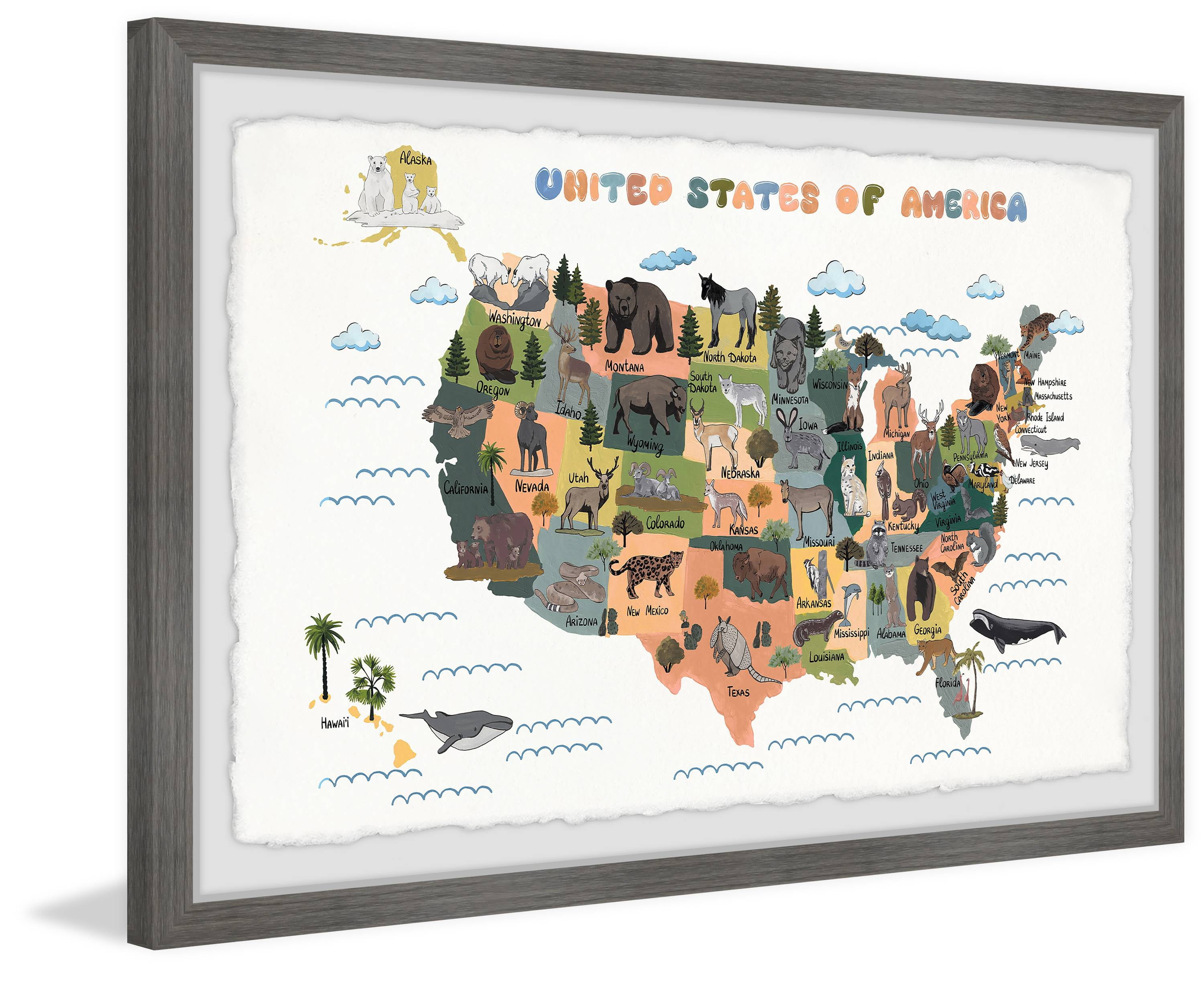 Marmont Hill Colorful US Animals Map Framed Wall Art