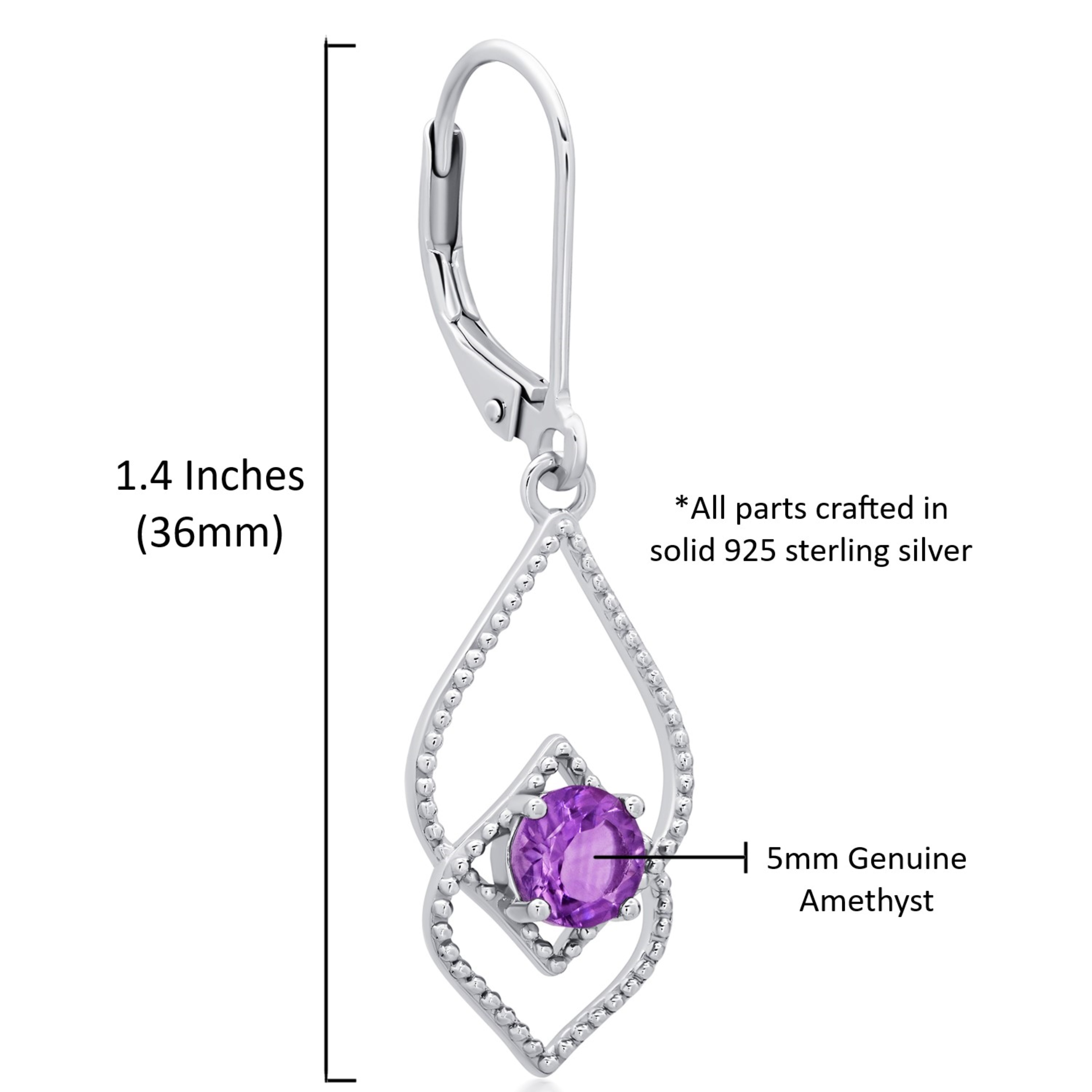Purple Amethyst Dangle Earrings for Women in 925 Sterling Silver with Leverback and 5mm February Birthstone by MAX + STONE